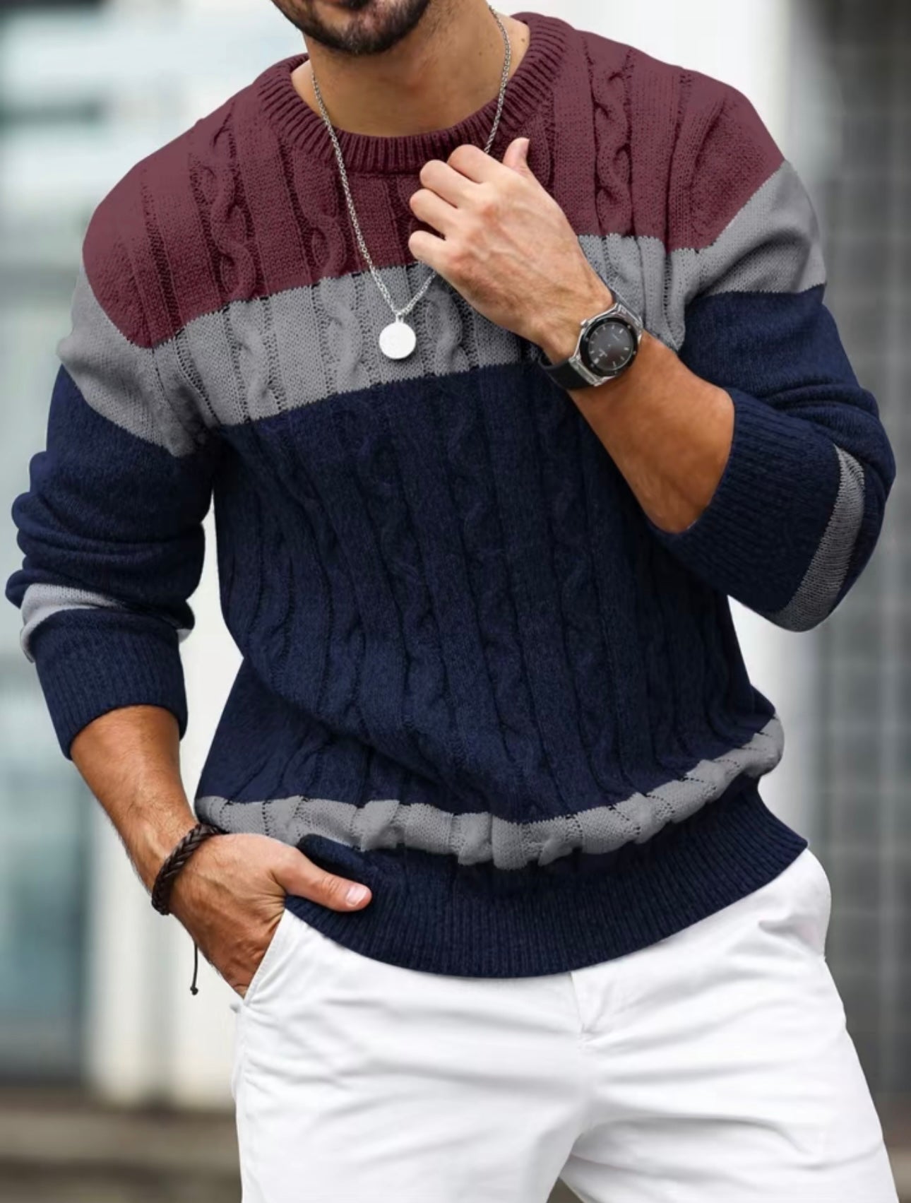 Men’s Colorblock Cable Knit Sweater